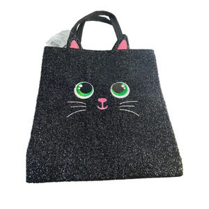 Trick or Treat Halloween Bag Black Sparkle with Cat Face 12x14 NWT